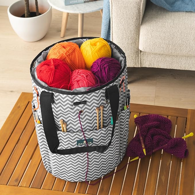 PAVILIA Crochet Bag Knitting Bag Organizer, Yarn Bag Storage Tote for Crocheting On The Go, Knitting Accessories Supplies Holder with Grommets, Gift for Crochet Lovers Knitters (Chevron Gray)