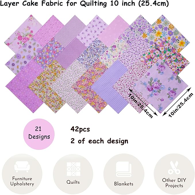 Hanjunzhao 42Pcs 10" Layer Cake Fabric, Pre-Cuts 10x10 inch Fabric Squares for Sewing, Quilting Supplies Cloth, Layer Cakes 10 inch Squares for Quilting - Purple