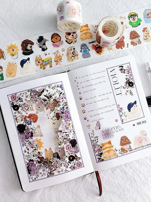 WT Pre-Cut Violet Veil Wide Washi Tape, Single Roll, Soft Lilac Florals & Misty Backgrounds with Script, Decorative Japanese Paper for Journaling, Scrapbooking, Planner, DIY Crafts, 65mm x 5m