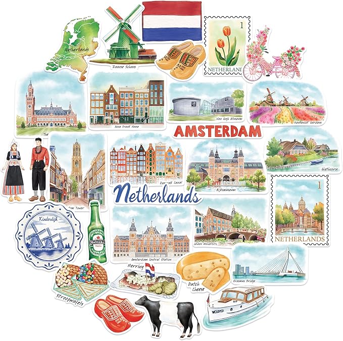 Navy Peony Artistic Netherlands Travel Stickers (29pcs) - Watercolor, Holland, Dutch-Themed Vacation Decals for Journals, Scrapbooks, Water Bottles