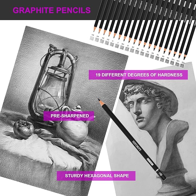 HIFORNY 70 Pcs Drawing Set Sketching Kit - Sketch Pencils Art Supplies for Adults Artists Kids with 3-Color Sketchbook,Graphite,Pastel,Charcoal Pencils,Blending Tools