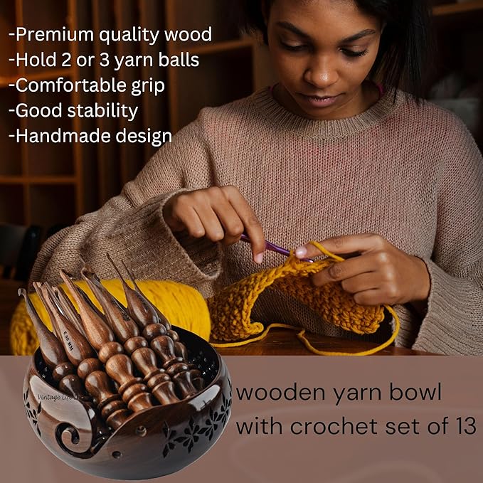 DnU Avenue Sheesham Wood Set of 13 Ergonomic Crochet Hooks 3.5 MM to 12 MM, Wooden Yarn Crochet Hooks for Arthritic Hands, Knitting & Crochet Storage, Soft Grip, Wood finish, Brown (Hooks with Bowl B)