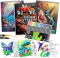 3Pcs Adult Coloring Book for Women Relaxation, 36 Colors Markers with Spiral Bound Adult Coloring Book for Women, 36 Dual Tip Colors Markers, Anxiety Relief Mindfulness Gifts(Ocean & Bird & Butterfly)