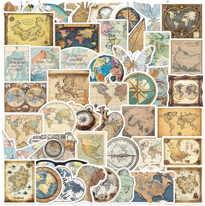 50Pcs Vintage Maps Stickers Pack, Graffiti World Maps Decals for Suitcase Guitar Water Bottles Laptop Computer Scrapbook Kindle Journal, Retro Waterproof Stickers for Adults