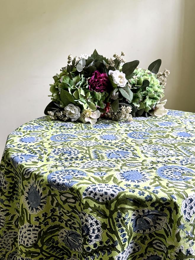 ATOSII Amara 100% Cotton Round Summer Tablecloth, Handblock Print Floral Table Cloth for Kitchen Dining Linen I Parties, Weddings, Outdoors I Grand Millennial Farmhouse Home Decor 90" Inches Round