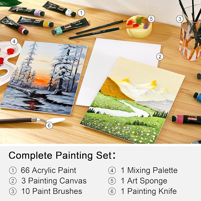 82 Pack Acrylic Paint Set, Shuttle Art 66 Colors Acrylic Paint with 10 Brushes, 22ml/0.74oz Tubes, Vibrant Colors, Artist Painting Supplies for Kids, Adults Painting & Crafting on Canvas, Wood Ceramic