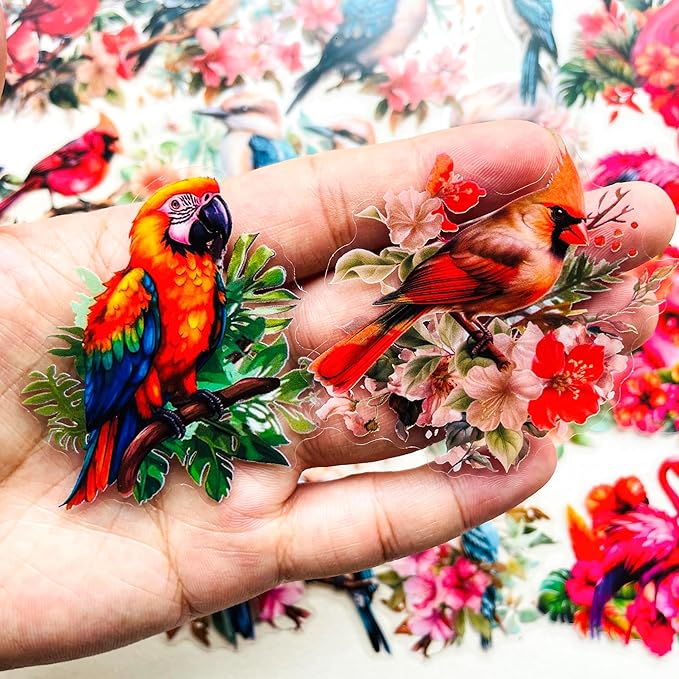 180 Pcs Clear Bird Flower Stickers for Scrapbooking – Vintage Watercolor Aesthetic Nature Forest Wildlife Botanical Sticker Pack for Journaling, Card Making, Resin Crafts