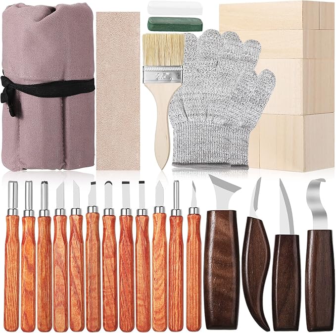 30 Pcs Wood Carving Tools Whittling Kit Include Hand Carving Knife Set Wood Blocks Cut Resistant Gloves Sawdust Brush Sharpening Stone Polishing Wax Sharpening Leather Storage Bag for Beginners
