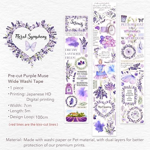 WT Pre-Cut Purple Muse Wide Washi Tape, Single Roll, Soft Purple Florals & Handwritten Script, Decorative Washi Tape for Journaling, Scrapbooking, Bujo, Planner, DIY Crafts, 70mm×5m