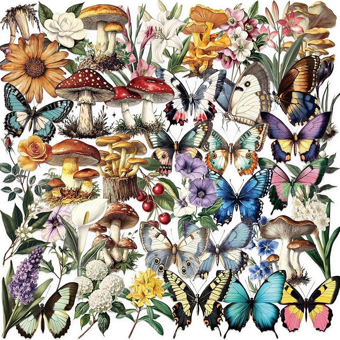 50Pcs Vintage Mushroom, Flower, Butterfly Stickers, Aesthetic Waterproof Stickers Packs for Journal, Scrapbooking, Photo Album, Laptop, Kindle, PET Transparent Decals