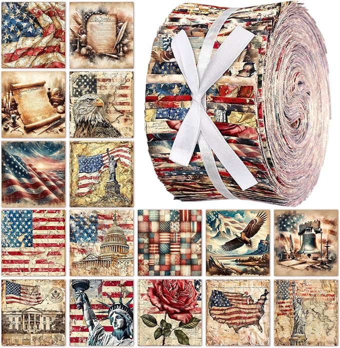 Ganeen 100 Pcs Patriotic Quilting Fabric Roll Vintage 4th of July 2.56 Inch Fabric Squares Jelly Patchwork Precut Strips Bundles for Memorial Day Holiday Materials Craft DIY Sewing Cloths