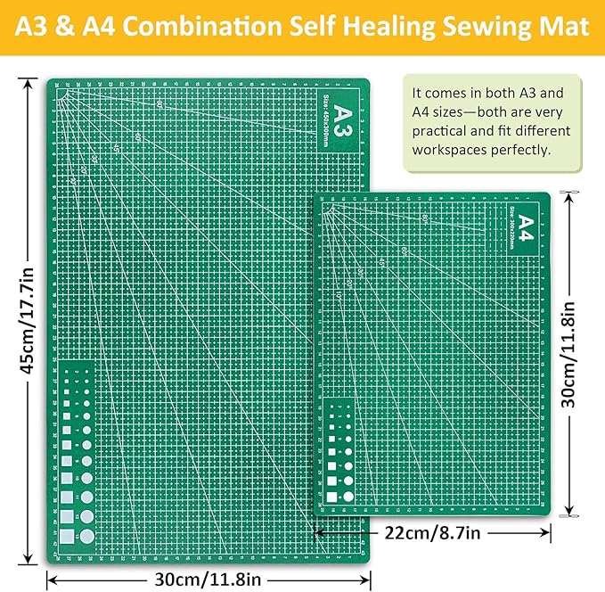 2 Pcs Large Cutting Mat Self Healing,Double Sided,Grid Line And Angles Help To Cut Precisely,Craft Mats for Scrapbooking, Quilting, Sewing and All Arts,Non Slip & Easy Clean ((A3 & A4 Green)