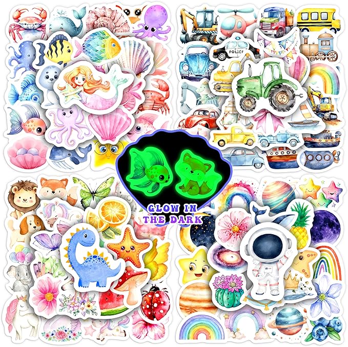 100 Pcs Glow in The Dark Cartoon Water Bottle Stickers for Kids, Cute Waterproof Vinyl Laptop Decals, Kawaii Animals Plants Natural Elements Decorative Sticker Packs