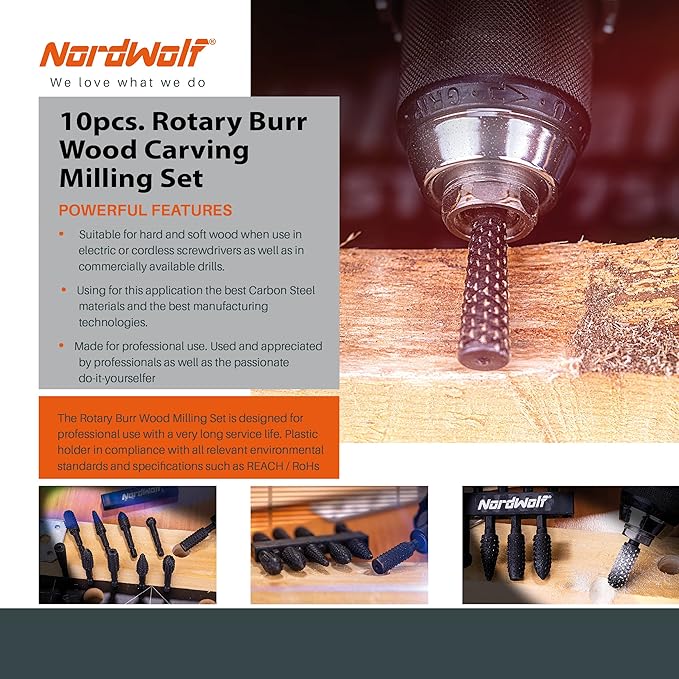 NordWolf 10-Piece Rotary Burr Wood Carving Rasp Files Set, with 1/4" Hex Shank for Wood & Rubber Deburring, Shaping and Grooving
