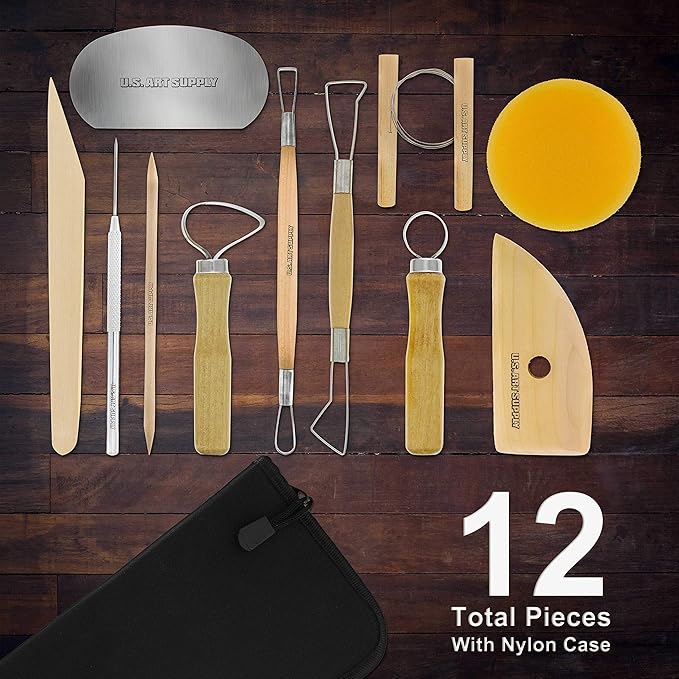 U.S. Art Supply Pottery & Clay Tools Set (12-Piece) - Includes Pottery Tools, Canvas Case for Sculpting, Ceramics, and Easy Storage & Transport