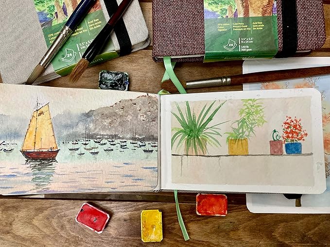 Watercolor Journal, 3.5x5.5”, 140 LB, 300 GSM, tumuarta Cotton Paper, Cold Press, 24 Sheets, 48 Pages, Watercolor Paper Sketchbooks for Use As Travel Notebook and Mixed Media Pad On The Go