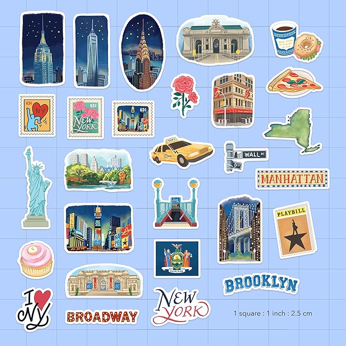 Navy Peony Iconic New York City Travel Stickers (28pcs) – New Yorker Decals for Scrapbooks, Journals