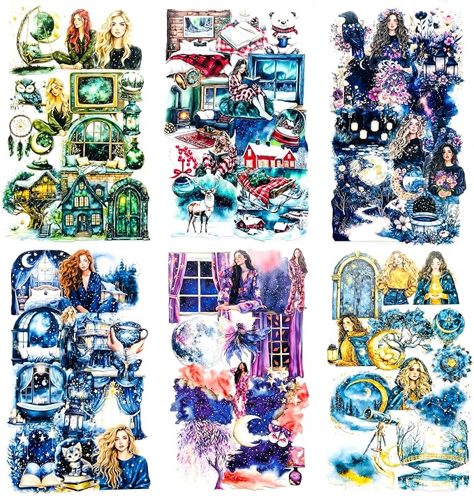 180 PCS Fantasy Midnight Aesthetic Scrapbook Stickers – Boho Watercolor Dreamy Night Sky, Moon, Stars, Girls, Crystal Ball, Witchy Celestial, Galaxy Clear Stickers for Journaling, Resin Crafts, Laptop