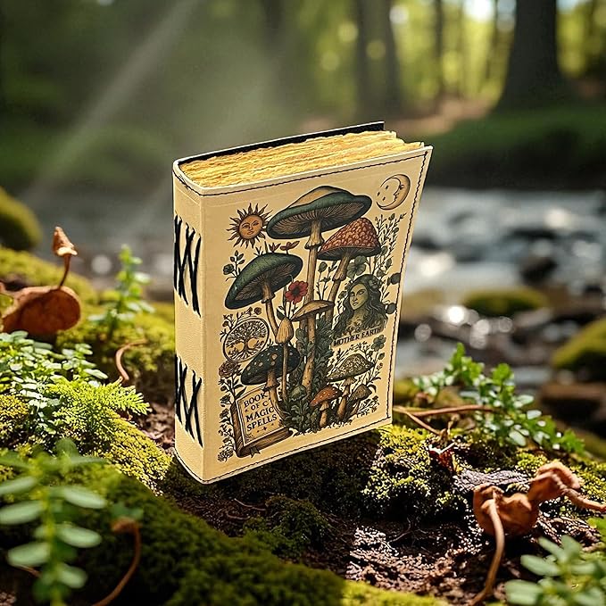 Blank Spell Book of Shadows Magic Spells Leather Journal – Vintage Botanical Mushrooms & Celestial Sun Moon Print Diary