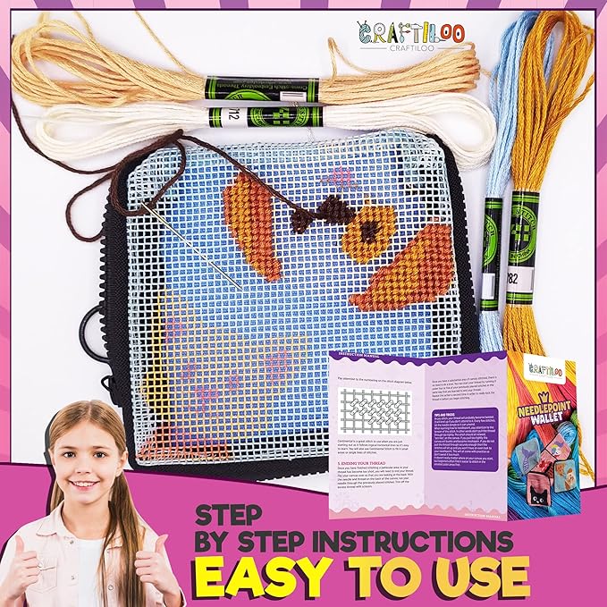 CRAFTILOO Pre Printed Needlepoint Wallet kit for Kids Embroidery Arts and Crafts Sewing Set Cross Stitch (Cat&Dog)
