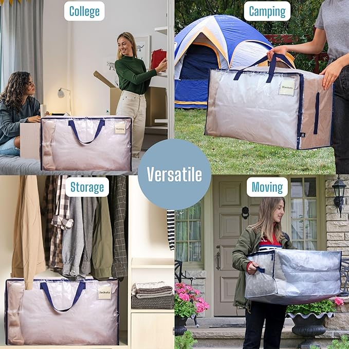 VENO 2 Pack Moving Bags and Large Christmas Decoration Storage Bins with lids. Alternative to Moving Boxes, Packing Supplies for College. Heavy Duty Totes (Clear, 2 Pack)