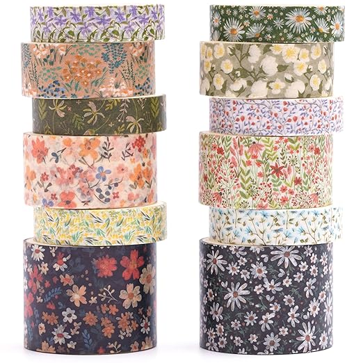 12 Rolls Flowers Washi Tape Set Floral Arts Adhesive Tapes Blooming Garden Decorative Masking Tape Sets for Craft, Kids, Scrapbook, DIY, Gift Wrapping (River of Forgetfulness)