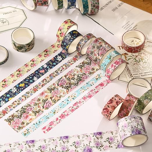 Floral Washi Tape Set - 15 Rolls Flowers Arts Adhesive Tapes Garden Blooms Decorative Masking Tape Sets for Craft, Kids, Scrapbook, DIY, Gift Wrloapping (3-Autumn Petals)