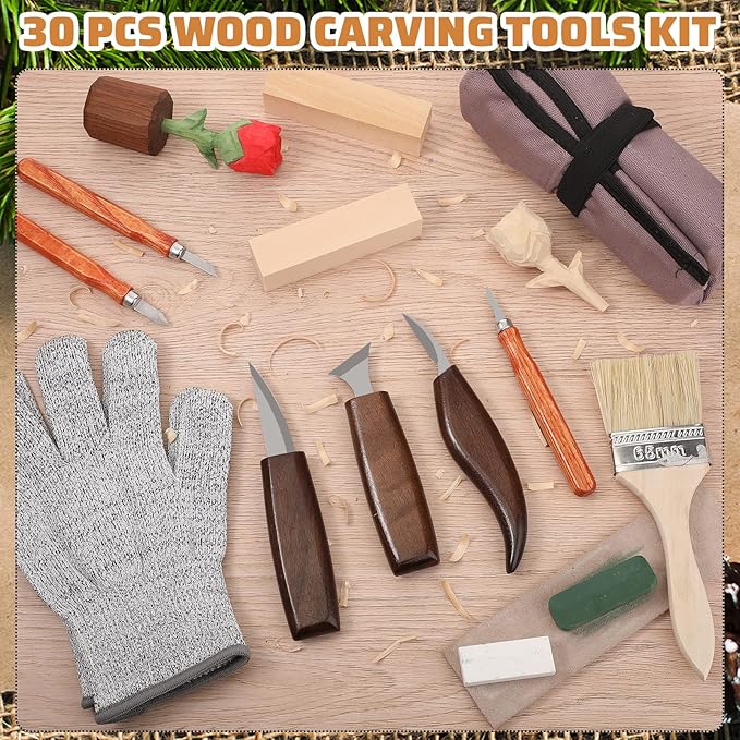 30 Pcs Wood Carving Tools Whittling Kit Include Hand Carving Knife Set Wood Blocks Cut Resistant Gloves Sawdust Brush Sharpening Stone Polishing Wax Sharpening Leather Storage Bag for Beginners