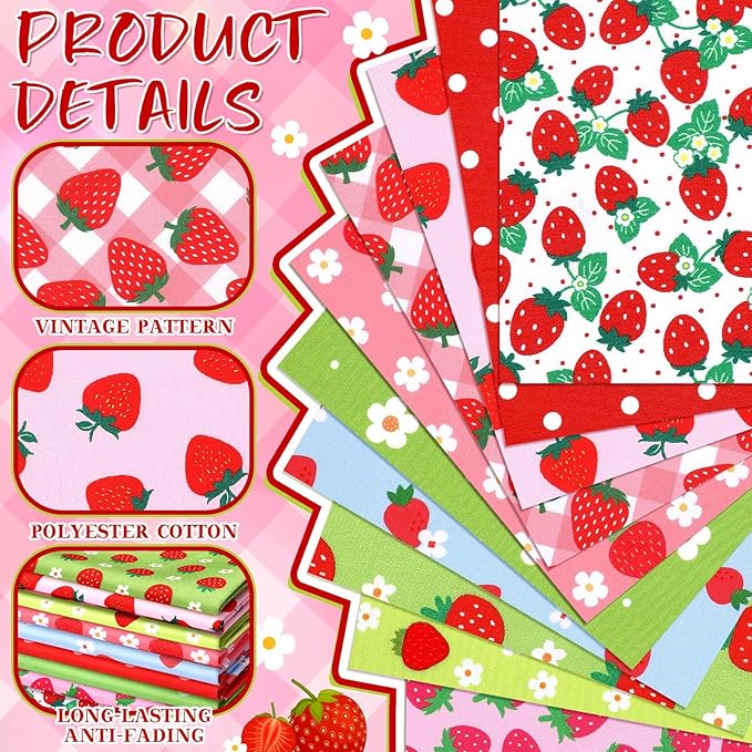 Hahafelt 10 Pcs Strawberry Quilting Fabric 18 x 22 Inch Strawberry Precut Fabric Squares Quilted Multi Color Floral Printed Patchwork Supplies for Holiday Patchwork DIY Sewing Crafts
