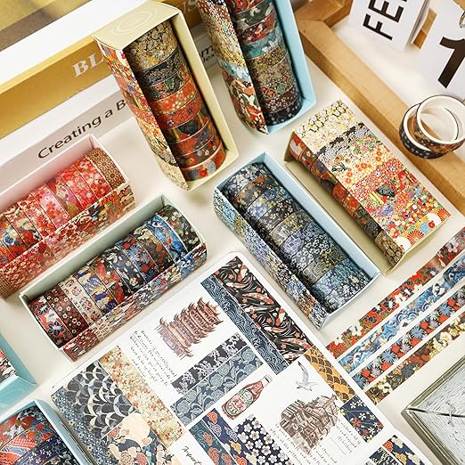 10 Rolls Ukiyo-e Style Washi Tape Set Japanese Kyoto Arts Adhesive Tapes Skinny Decorative Masking Tape Sets for Craft, Kids, Scrapbook, DIY, Gift Wrapping (Golden Seasons)