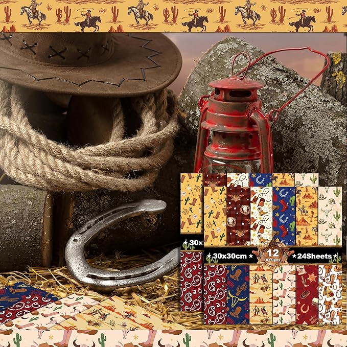 24 Sheets Western Cowboy Scrapbook Paper Pad Double-Sided Wild West Desert Cactus Rodeo Boots Patterned Decorative Craft Paper for Card Making Photo Album Journal DIY Craft, 11.8'' x 11.8''