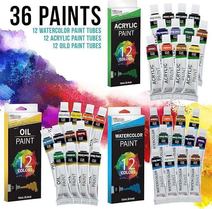 U.S. Art Supply 95 Piece Wood Box Easel Painting Set - Oil, Acrylic, Watercolor Paint Colors and Painting Brushes, Oil Artist Pastels, Pencils - Watercolor, Sketch Paper Pads - Canvas, Palette, Knifes