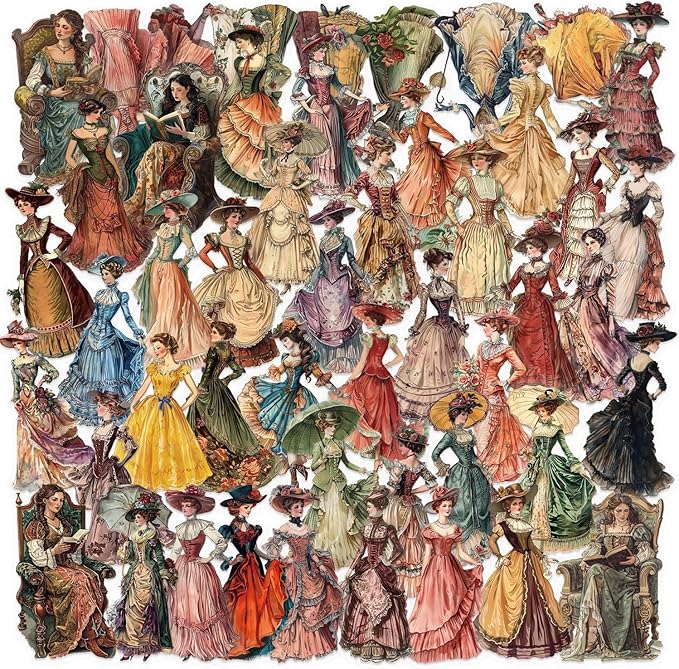 50 Pcs Vintage Victorian Lady Clear Stickers – Retro Aesthetic Ephemera for Scrapbooking, Journaling, Planners, Resin Crafts, Collage Projects