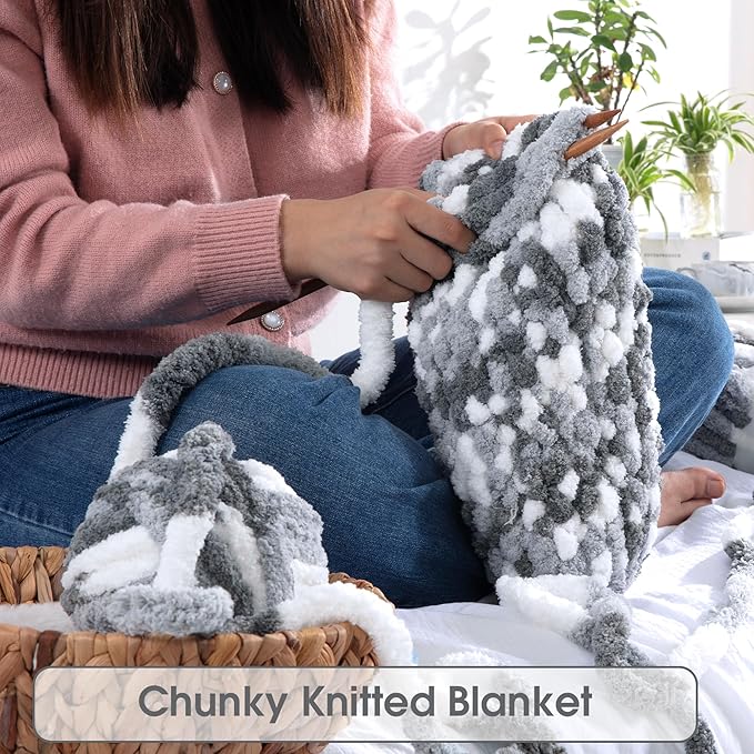 HOMBYS 8 Pack Giant Chunky Yarn for Crocheting and Hand Knitting/Arm Knitting - Super Bulky Large Soft Fluffy Tie Dye Plush Fuzzy Mixed Color Thick Chenille Yarn (Dark Grey, Grey, White)