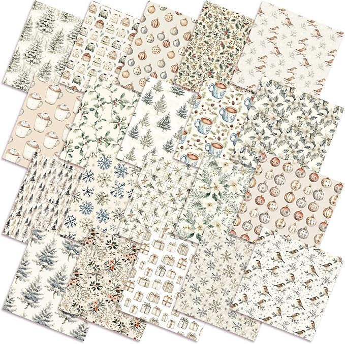 60 Pcs 10 x 10 Inch Boho Christmas Quilting Fabric Woodland Christmas Fat Squares Patchwork Precut Neutral Beige Fabric Bundles for Xmas Winter Quilting Crafting DIY Craft Sewing