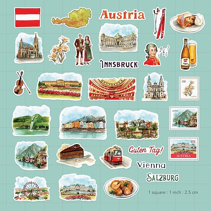 Navy Peony Classical Austria Travel Stickers (31pcs) - Watercolor, Waterproof Iconic Vacation Decals for Journals, Scrapbooks, Water Bottles, Suitcase