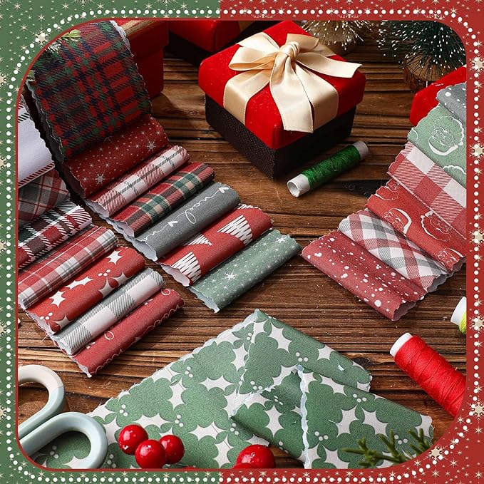 40 Pcs Vintage Plaid Christmas Quilting Fabric Roll 2.56 Inch Precut Fabric Squares Jelly Patchwork Red and Green Checked Strips Materials for Winter Xmas Holiday Craft Sewing Panels DIY