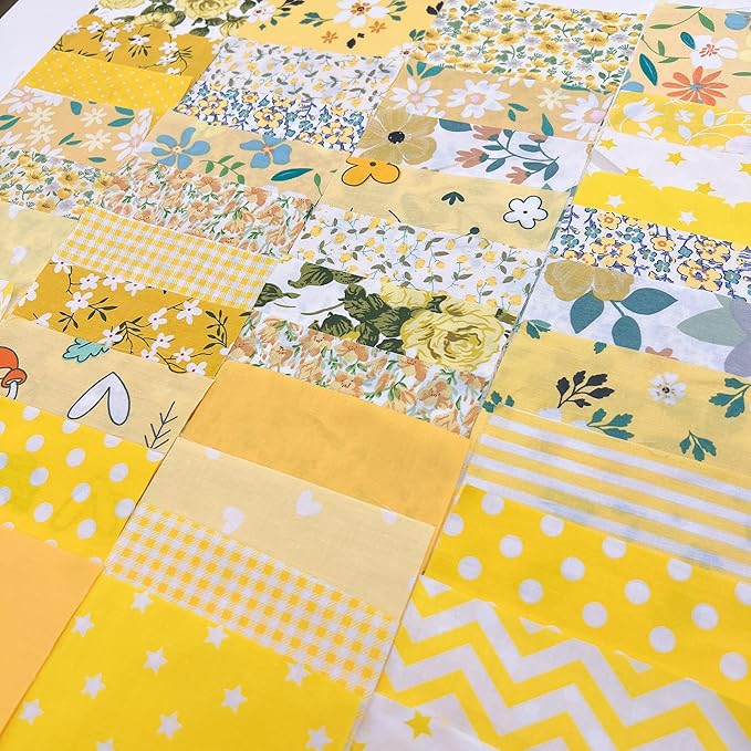 42Pcs 10cm*10cm Cotton Fabric DIY Making Supplies Quilting Patchwork Fabric Fat Quarter Bundles DIY for Quilting Cotton Patchwork Cushions (Yellow, 10cm*10cm)
