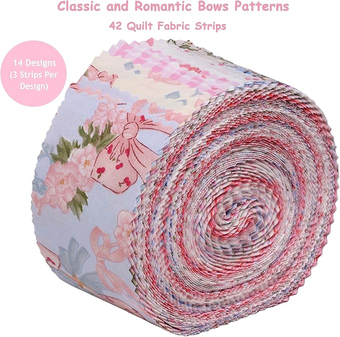 Hanjunzhao Bow Jelly Rolls for Quilting Clearance, 42 Strip 2.5" x 44" Jelly Roll Fabric, Soft Cotton Fabric Strips for Blanket, Rug, Gift Wrapping, Hair Band & Holiday Valentine Party Décor, Bows