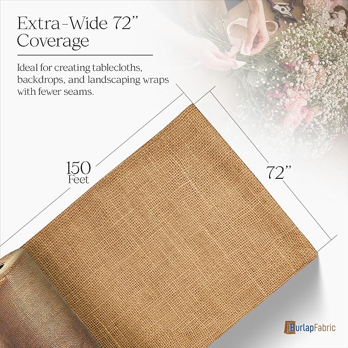 72" Wide 150 Feet Burlap Roll - 10oz Durable Jute Fabric for Crafts - Natural Burlap Fabric Roll for Gardening, Home Decor, Plants, Farmhouse Decor, Rustic Aisle Runners, Tree Covering & More
