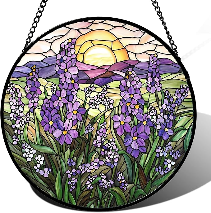 Stained Glass Window Hanging - Purple Lavender Suncatcher for Door Terrace Garden Home Decor Plant Flowers Landscape Sun Catcher Birthday Gifts for Lovers Women Men Dad Mom Nana 9.8 in