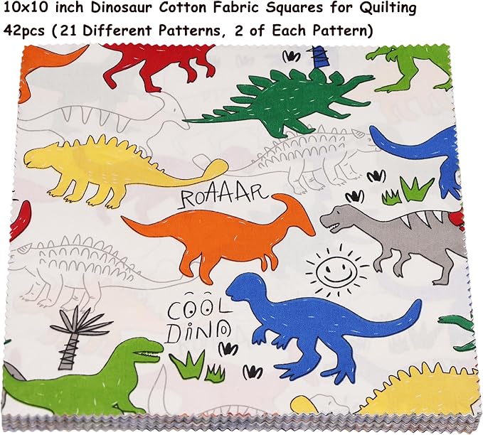 Hanjunzhao Cartoon Dinosaur Cotton Fabric Squares 10x10, Layer Cake Fabric Clearance for Quilting 10 inch, Layer Cakes 10 inch Squares for Quilting, Baby Blanket, Room Decor, and Crafts, Dinosaurs