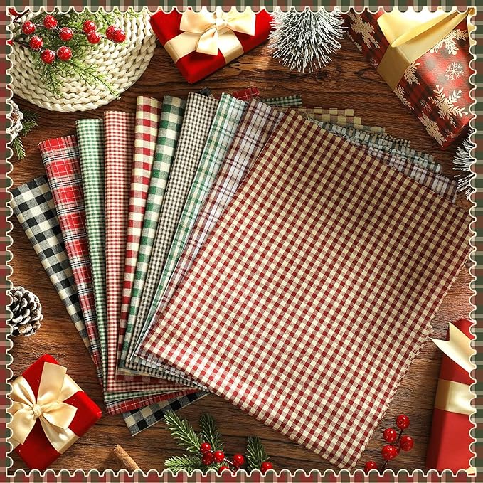 Hahafelt 10 Pcs Red and Green Buffalo Check Quilting Fabric Bundles 20 x 20 Inch Primitive Fat Quarters by The Yard Square Gingham Fabric Scraps Sewing Precut Patchwork for Vintage DIY Craft Decor