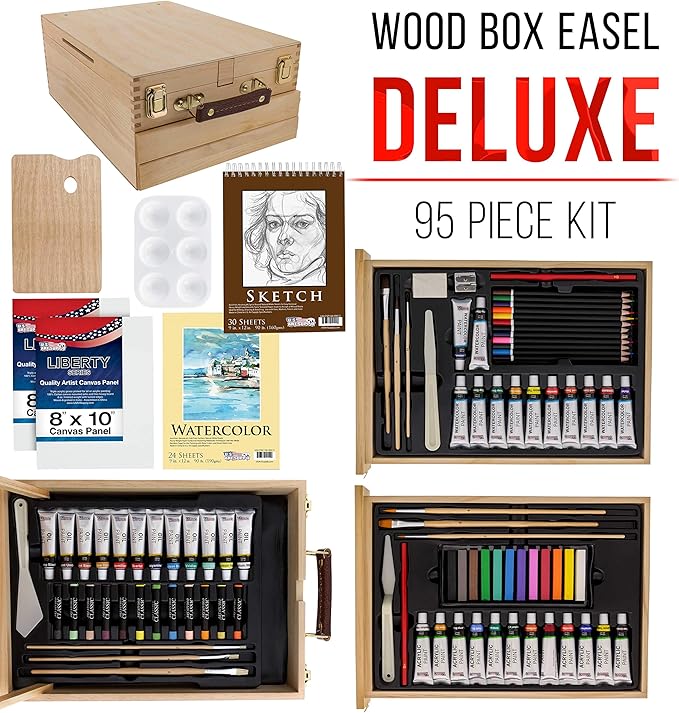 U.S. Art Supply 95 Piece Wood Box Easel Painting Set - Oil, Acrylic, Watercolor Paint Colors and Painting Brushes, Oil Artist Pastels, Pencils - Watercolor, Sketch Paper Pads - Canvas, Palette, Knifes