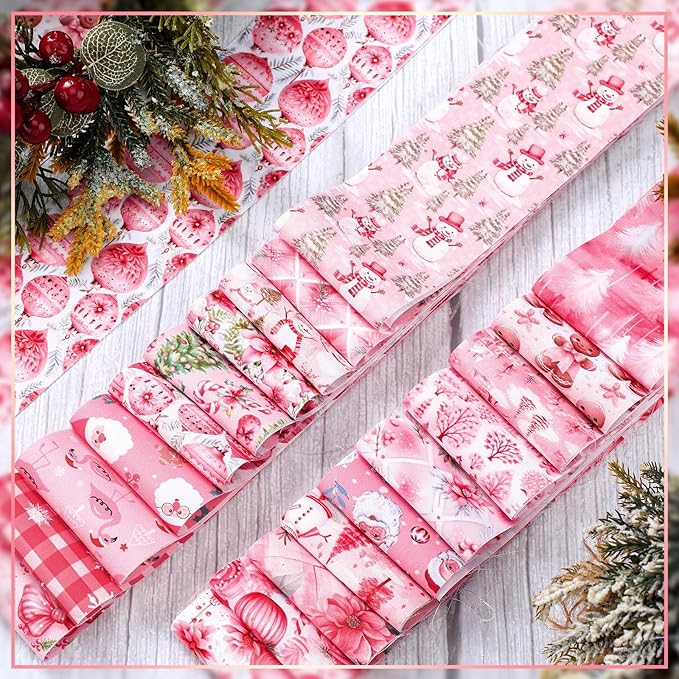 Fanfanwin 40 Pcs Pink Christmas Quilting Fabric Roll 2.56 Inch Precut Fabric Squares Jelly Patchwork Santa Claus Snowman Poinsettia Strips Materials for Winter Xmas Holiday Craft Sewing Panels DIY