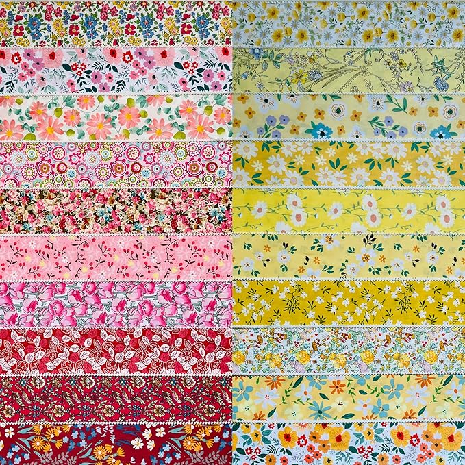 Jelly Roll Fabric 100% Cotton Quilting Fabric, 40 Pre-Cut Strips (2.5 x 44 Inch) for Quilting and Sewing - 20 Assorted Floral Prints - Fiery Heart