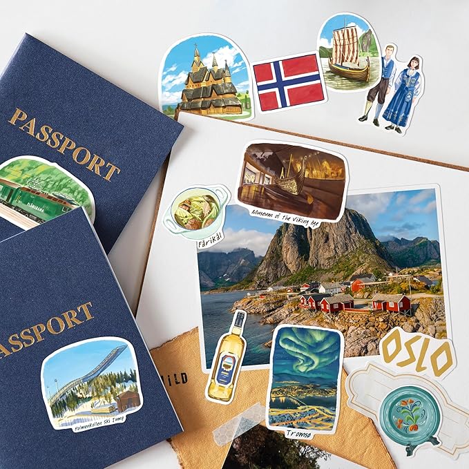 Navy Peony Nordic Norway Travel Stickers (28pcs) - Watercolor, Scandinavia, Norwegian-Themed Vacation Decals for Journals, Scrapbooks, Waterbottles
