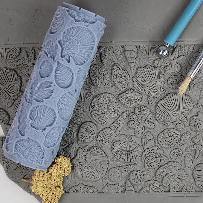 Tidal Shell Archive Clay Texture Roller (4") - Seamless Ocean Set #01 - Embossing Pattern Roller for Polymer & Ceramic Clay, Pottery & Crafts