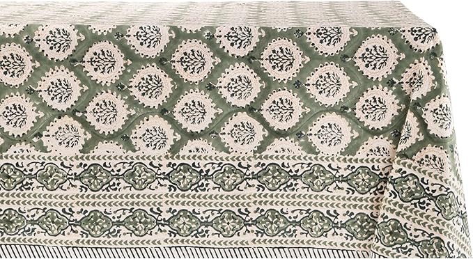 ATOSII Kari Green 100% Cotton Rectangle Boho Fall Tablecloth, Handblock Floral Table Cloth Linen for Kitchen Dining I Parties Wedding Outdoors Christmas Thanksgiving I 72 X 120 Inches I 10 Seater