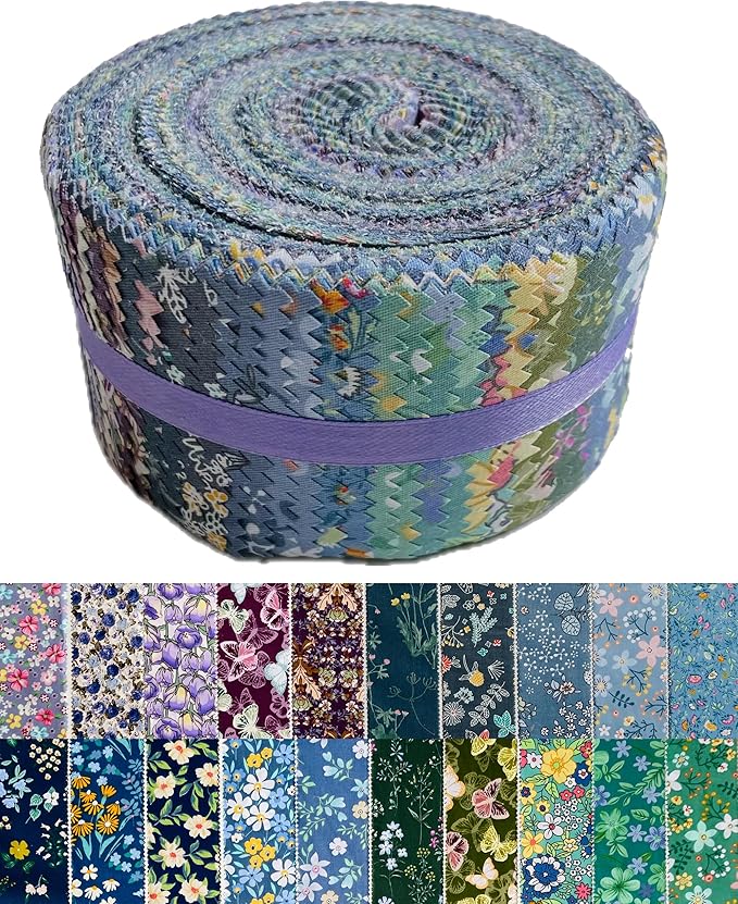 LUMANSUO Jelly Roll Fabric - 20 Assorted Floral Prints, 100% Cotton, 40 Pre-Cut Strips (2.5 x 44 Inch) Fabric for Quilting and Sewing， Cool Tone